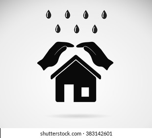 Hands over the house as a symbol of protection and warding. Icon. Vector.