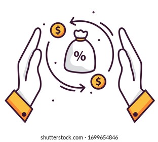 Hands over the money bag with percent sign and dollar coins spinning around. Cashback for payments with credit card.