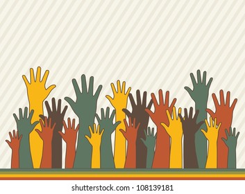 hands up over stripes background, vintege. vector illustration