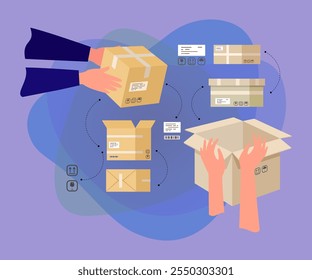 Hands Verpackung Paket in Box Vektorgrafik. Symbole und Etiketten auf verschiedenen Seiten von Kartons für schnelle Lieferung und Inhaltssicherheit. Verpackungsdesign, Paketversandkonzept