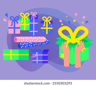 Hands packing birthday gift boxes vector illustration. Colorful present boxes decorated with wrapping paper and bright ribbons. Celebration, birthday, anniversary concept