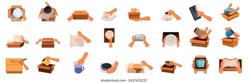 Hands packing fragile icons set. Hands packing fragile items like dishes, cups, and vases using bubble wrap and cardboard boxes, ensuring safe relocation