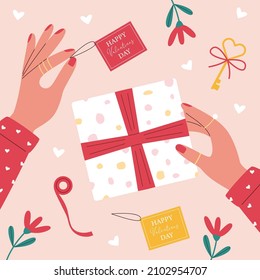 Hands packing gift for valentines day. Flat vector illustration