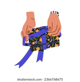 Hands packing holiday gift box, tying ribbon bow. Preparing festive package, decorating birthday present, giftbox with tape, paper wrapping. Flat vector illustration isolated on white background