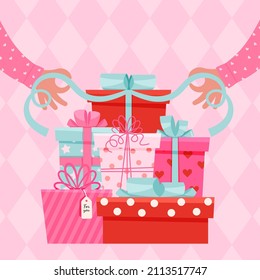 Hands packing a set of gift boxes. Romantic card Happy Valentine's Day. Flat vector illustration