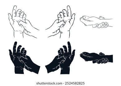 Hands pain in wrist, Carpal tunnel syndrome, hand drawn line silhouette vector illustration