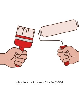 hands with paint brush and paint roller