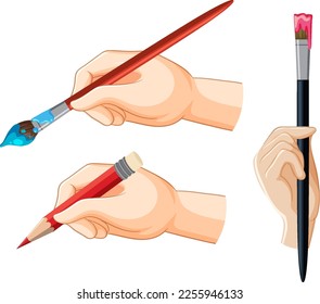 Hands with paint brushes set illustration