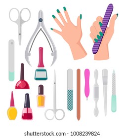 Hands with painted fingernails and manicure instruments, nail polish and file, scissors and tools, vector illustration isolated on white background