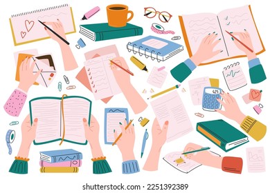 Hands are painted flat icons set. Education tools. Books, calculator, letter, notebook, glasses and coffee cup. Color isolated illustrations