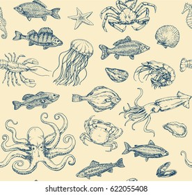 Hands painted seamless patter with marine life. Vector illustration, sketch, graphic. Fish, mollusks, sea inhabitants. Hand drawn picture in retro style