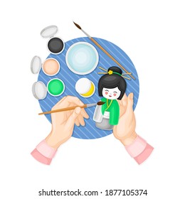 Hands Painting Ceramic Doll with Colored Paint as Handmade Craft Vector Illustration
