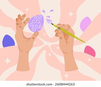 Hands painting Easter egg with swirl pattern using brush. Top view scene. Easter celebration. Springtime holidays. Design for greeting card, invitation, banner, postcard.