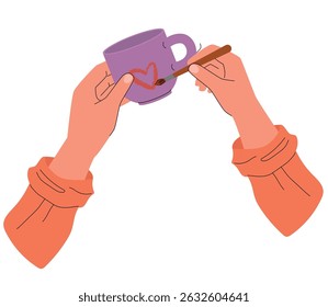 Hands painting a red heart on a purple ceramic mug using a brush. Flat illustration of DIY pottery decoration, capturing a creative and artistic handmade moment. Vector illustration