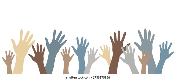 Hands up pale color silhouettes raised up vector set banner. Multinational international concept of team, volunteer, vote, group, friendship, unity, group, association, company, partnership