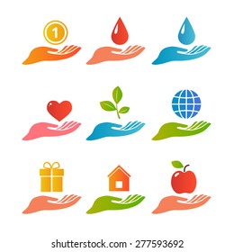 Hands and palm up concept with various objects logo set flat isolated vector illustration 