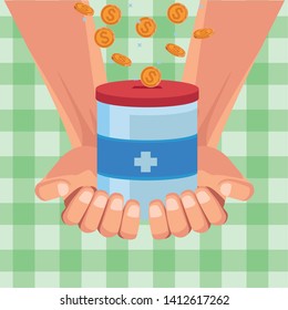 hands palm facing up holding a donative jar and coins falling into it with gingham pattern background