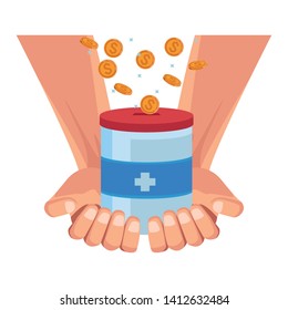 hands palm facing up holding a donative jar and coins falling into it vector illustration graphic design