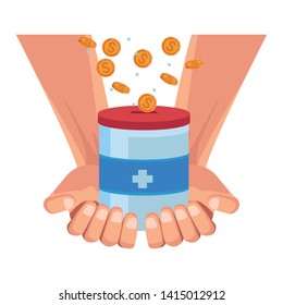 hands palm facing up holding a donative jar and coins falling into it vector illustration graphic design