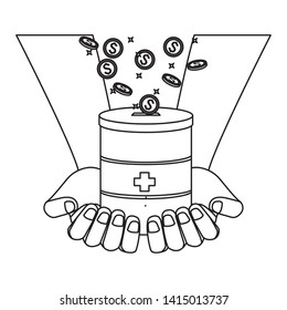 hands palm facing up holding a donative jar and coins falling into it black and white vector illustration graphic design