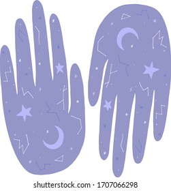 Hands palm with star and moon bohemian style. Style logos a hand icons. fashion skincare  and wedding concept, bohemian style. For cards, posters, stickers  and professional design.