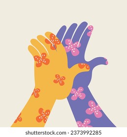 Hands palms clap each other in agreement vector flat illustration. Funny High Five approval sign , joy, interaction, teamworx,without racism. For card, poster, print, design, background, poster