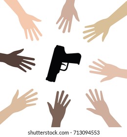 hands or palms of different colors reaching gun or pistol 