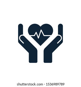 Hands and palms and heartbeat, pulse inside heart shapes. Health care, love, attention symbol. Human health medical support icons. Health care or protection of people signs. Vector illustration