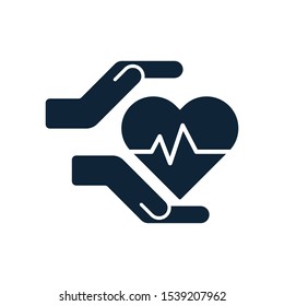 Hands and palms and heartbeat, pulse inside heart shapes. Health care, love, attention symbol. Human health medical support icons. Health care or protection of people signs. Vector illustration