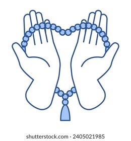 Hands with palms up hold prayer beads arranged in the shape of a heart. Spirituality, religious beliefs, Faith and pray concept. Isolated element for you designs.