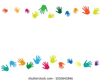 Hands, palms isolated on white vector background graphics.  Multicolored handprints - symbols of friendship, teamwork, cooperation and partnership.  Cartoon children hands prints in paint.