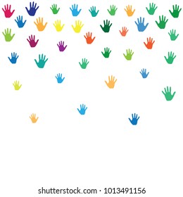 Hands, palms isolated on white vector background illustration.  Colorful handprints - symbols of friendship, teamwork, cooperation and partnership.  Kids hands prints in paint vector.