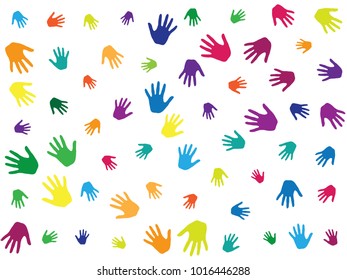 Hands, palms isolated on white vector background graphic design.  Multicolored handprints - symbols of friendship, teamwork, cooperation and partnership.  Children drawing hands prints illustration.