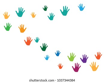 Hands, palms isolated on white vector background graphics.  Colored handprints - symbols of friendship, teamwork, cooperation and partnership.  Kids drawing hands prints illustration.