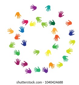 Hands, palms isolated on white vector background illustration.  Multicolored handprints - symbols of friendship, teamwork, cooperation and partnership.  Children drawing hands prints illustration.