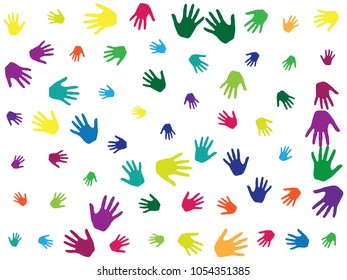 Hands, palms isolated on white vector background graphics.  Colored handprints - symbols of friendship, teamwork, cooperation and partnership.  Children drawing hands prints illustration.