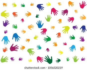 Hands, palms isolated on white vector background illustration.  Multicolored handprints - symbols of friendship, teamwork, cooperation and partnership.  Cartoon kids hands prints in paint.