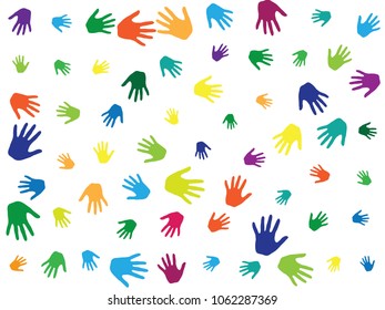 Hands, palms isolated on white vector background graphic design.  Colorful handprints - symbols of friendship, teamwork, cooperation and partnership.  Kids hands prints in paint vector.
