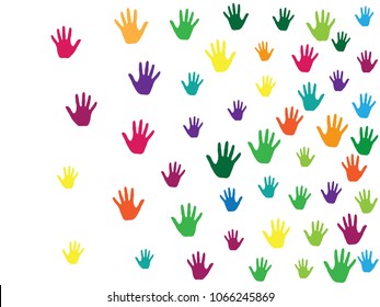 Hands, palms isolated on white vector background graphic design.  Colorful handprints - symbols of friendship, teamwork, cooperation and partnership.  Cartoon children hands prints in paint.