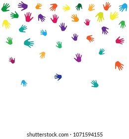 Hands, palms isolated on white vector background illustration.  Colored handprints - symbols of friendship, teamwork, cooperation and partnership.  Kids hands prints in paint vector.