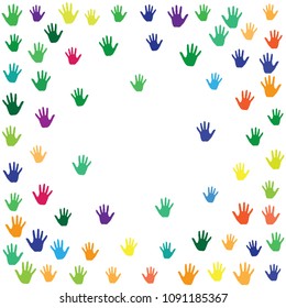 Hands, palms isolated on white vector background illustration.  Multicolored handprints - symbols of friendship, teamwork, cooperation and partnership.  Kids drawing hands prints illustration.