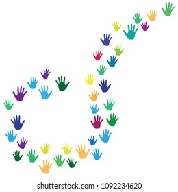 Hands, palms isolated on white vector background graphics.  Colored handprints - symbols of friendship, teamwork, cooperation and partnership.  Cartoon kids hands prints in paint.