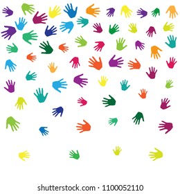 Hands, palms isolated on white vector background graphic design.  Rainbow colors handprints - symbols of friendship, teamwork, cooperation and partnership.  Cartoon kids hands prints in paint.