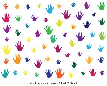 Hands, palms isolated on white vector background graphic design.  Colorful handprints - symbols of friendship, teamwork, cooperation and partnership.  Kids drawing hands prints illustration.