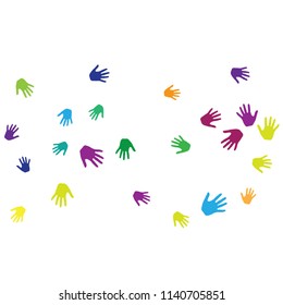 Hands, palms isolated on white vector background graphic design.  Colored handprints - symbols of friendship, teamwork, cooperation and partnership.  Kids hands prints in paint vector.