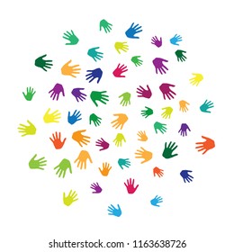 Hands, palms isolated on white vector background illustration.  Colorful handprints - symbols of friendship, teamwork, cooperation and partnership.  Cartoon kids hands prints in paint.