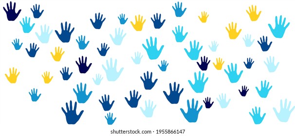 Hands, palms isolated on white vector background graphics. Blue yellow handprints - symbols of friendship, teamwork, cooperation and partnership. Cartoon children hands prints in paint.