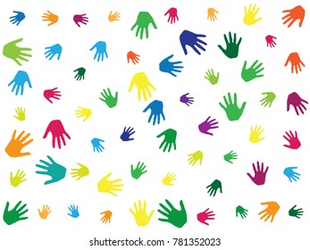 Hands, palms isolated on white vector background graphic design.  Rainbow colors handprints - symbols of friendship, teamwork, cooperation and partnership.  Children drawing hands prints illustration.