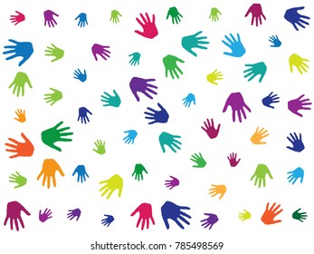 Hands, palms isolated on white vector background graphic design.  Colorful handprints - symbols of friendship, teamwork, cooperation and partnership.  Children drawing hands prints illustration.