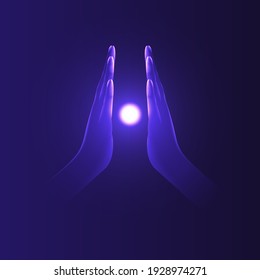 Hands with palms pressed against each other between which there is a bright ball of energy. Concentration, relaxation, help, yoga, faith concept. Vector illustration. 